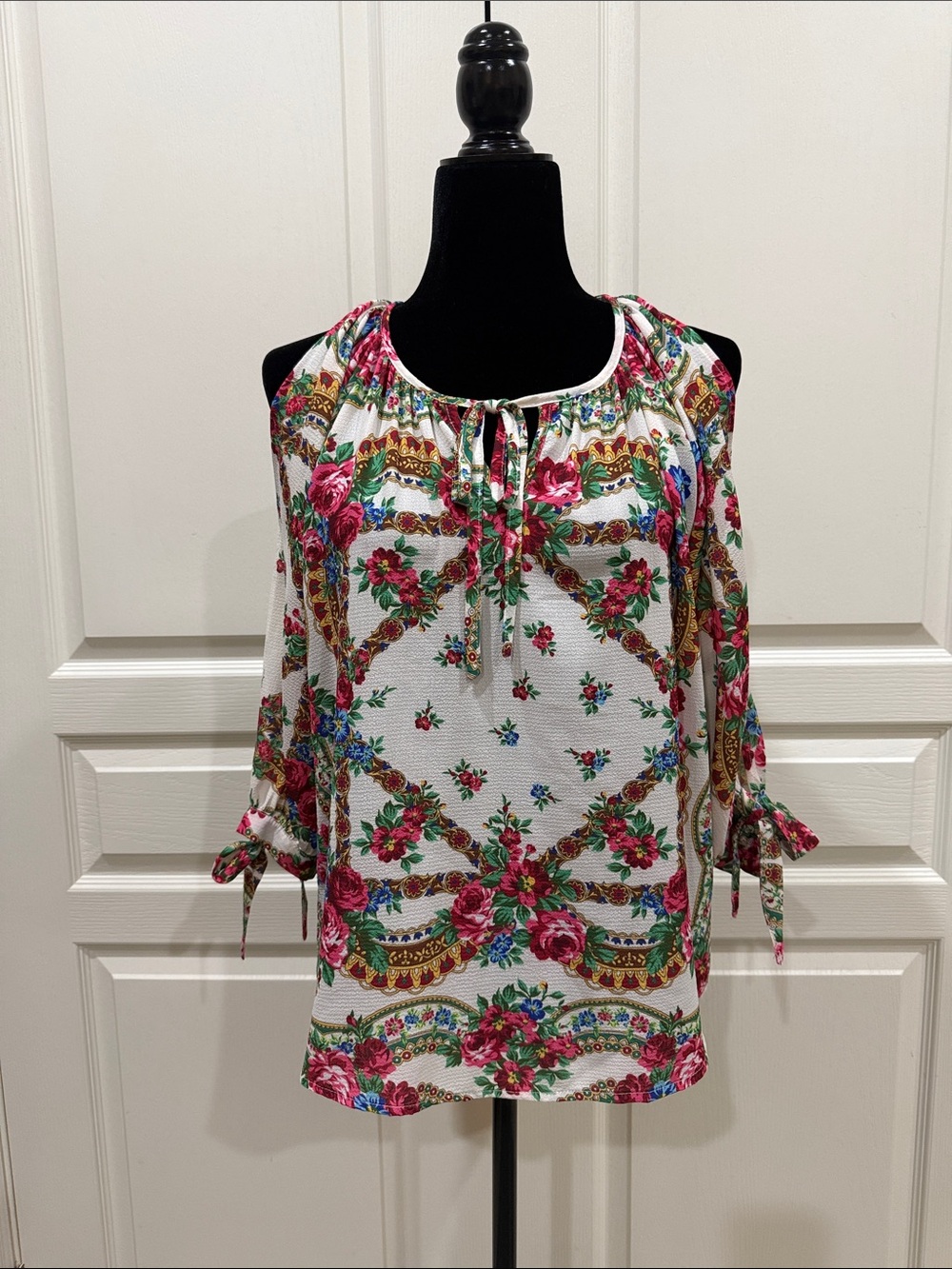 Umgee White Cold-Shoulder Floral Blouse with Pink & Green Accents